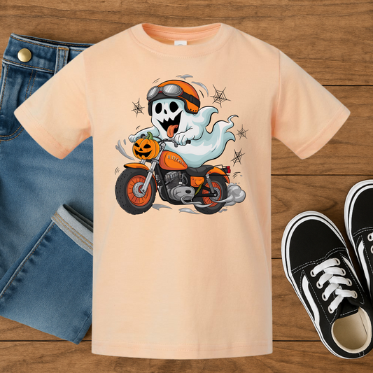 “Motorcycle Ghost Rider” Kids Halloween Tee – Spooky Biker Ghost Shirt