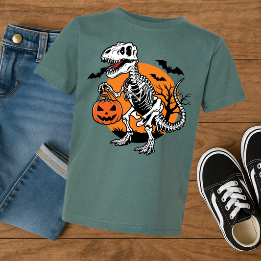 “Dino Skeleton” Kids Halloween Tee – T-Rex Trick-or-Treat Shirt