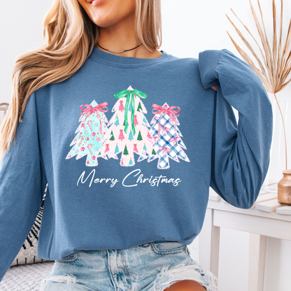 Merry Christmas Shirt | Comfort Colors Long Sleeve | Whimsical Holiday Tree Graphic Tee