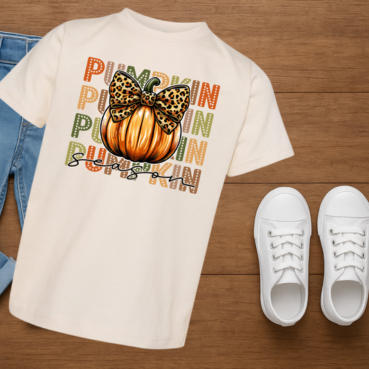 “Pumpkin Season” Kids Graphic Tee – Fall Leopard Bow Pumpkin Shirt