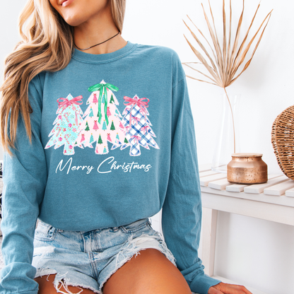 Merry Christmas Shirt | Comfort Colors Long Sleeve | Whimsical Holiday Tree Graphic Tee