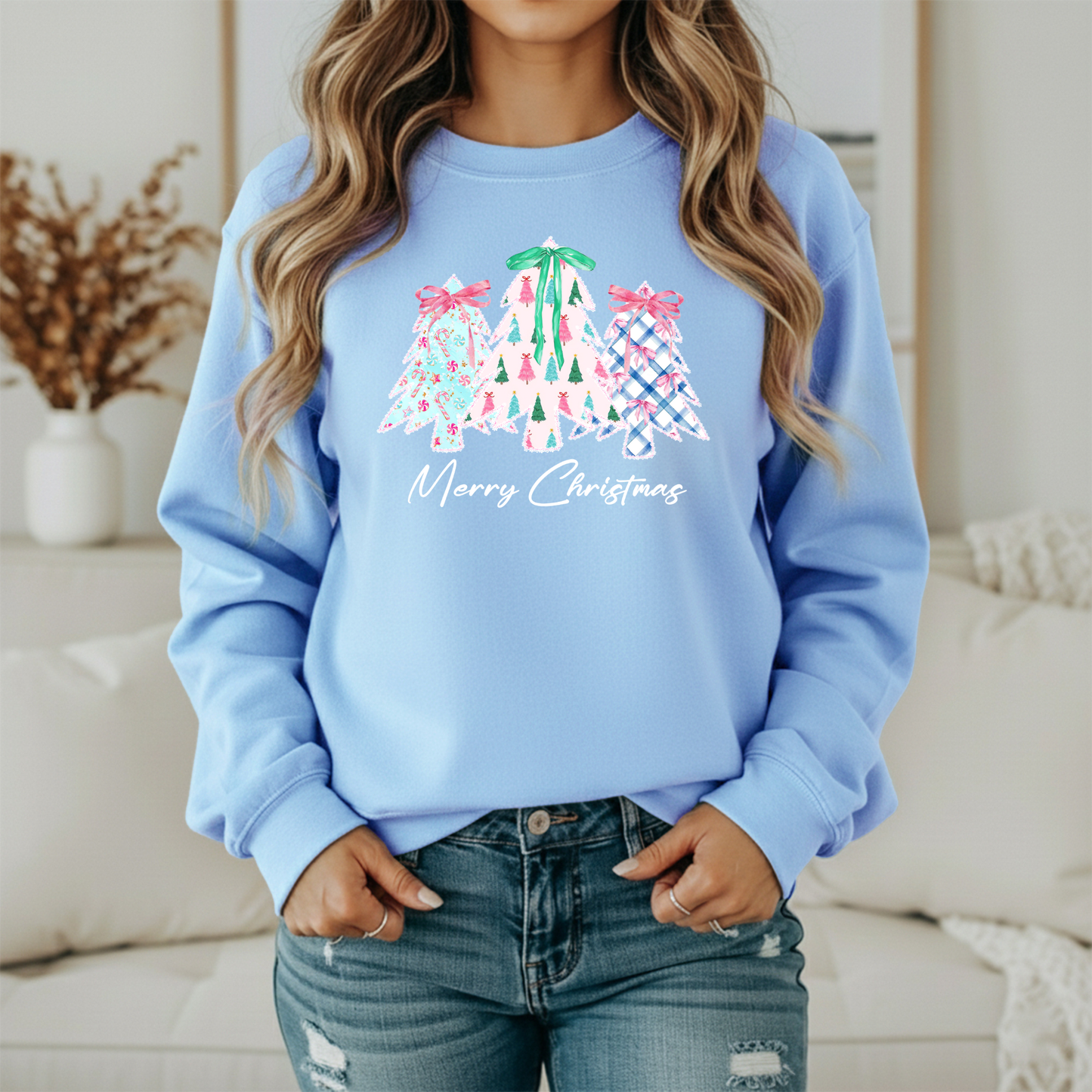 Merry Christmas Sweatshirt | Women's Holiday Crewneck | Festive Tree Graphic Pullover