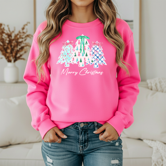 Merry Christmas Sweatshirt | Women's Holiday Crewneck | Festive Tree Graphic Pullover