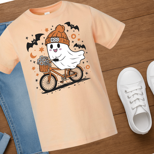 “Ghost on a Bike” Kids Halloween Tee – Cute Trick-or-Treat Shirt