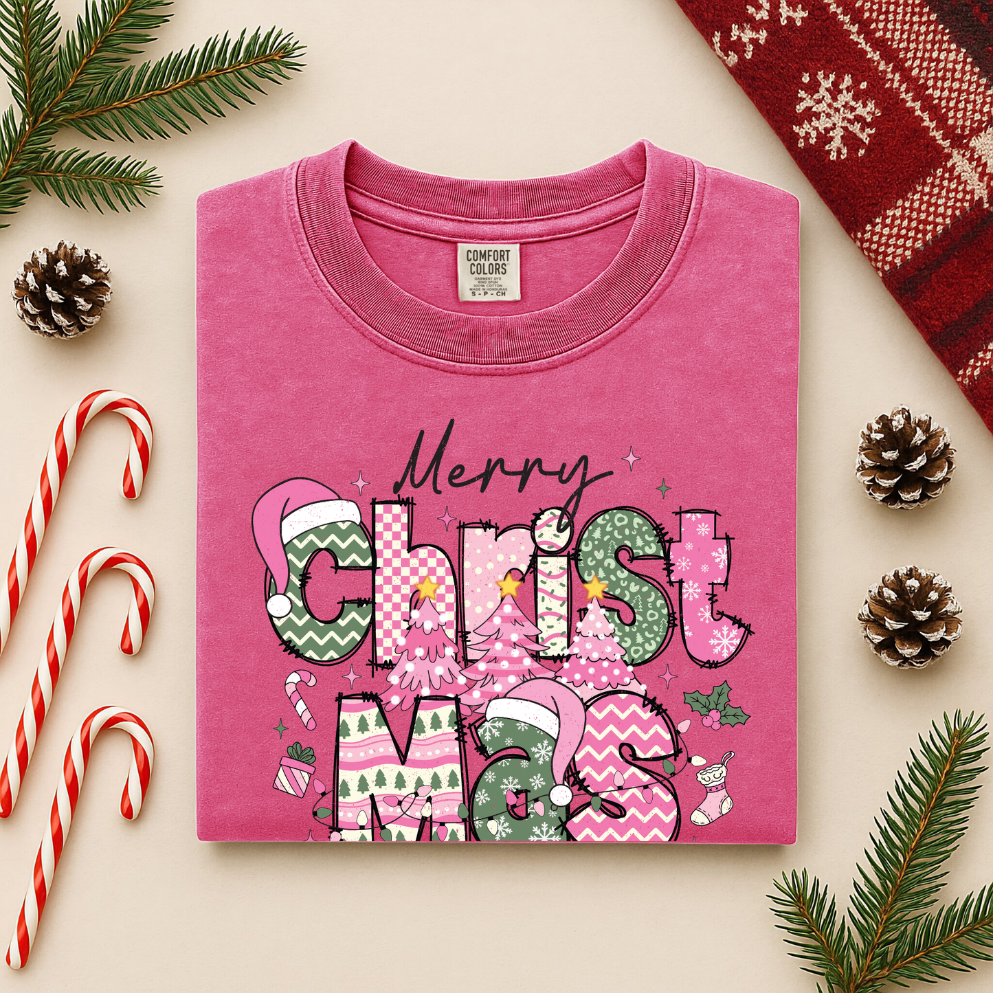Merry Christmas Comfort Colors Long Sleeve Tee – Pink & Green Holiday Graphic Shirt