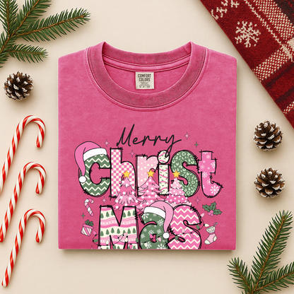 Merry Christmas Comfort Colors Long Sleeve Tee – Pink & Green Holiday Graphic Shirt
