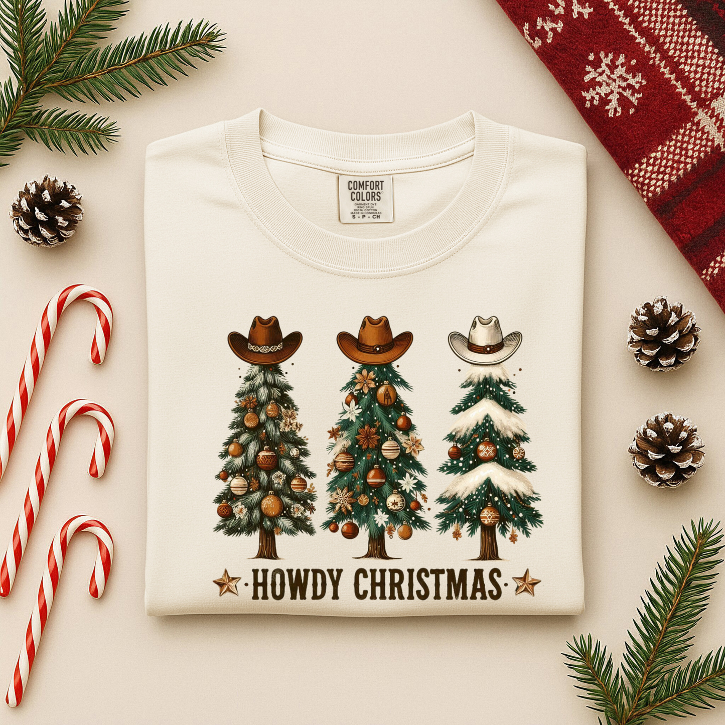 Howdy Christmas Shirt | Comfort Colors Long Sleeve | Western Cowboy Hat Tree Graphic Tee