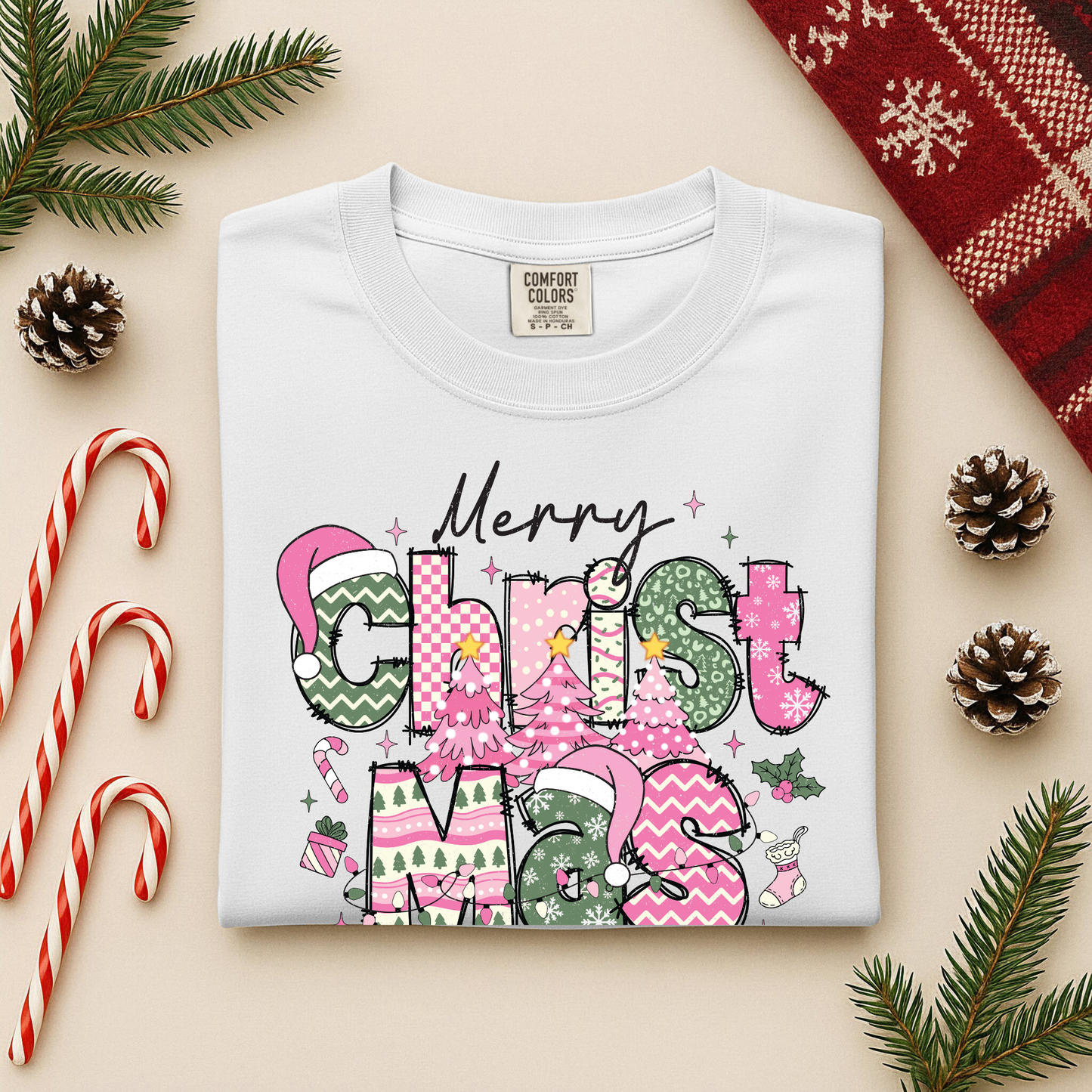 Merry Christmas Comfort Colors Long Sleeve Tee – Pink & Green Holiday Graphic Shirt