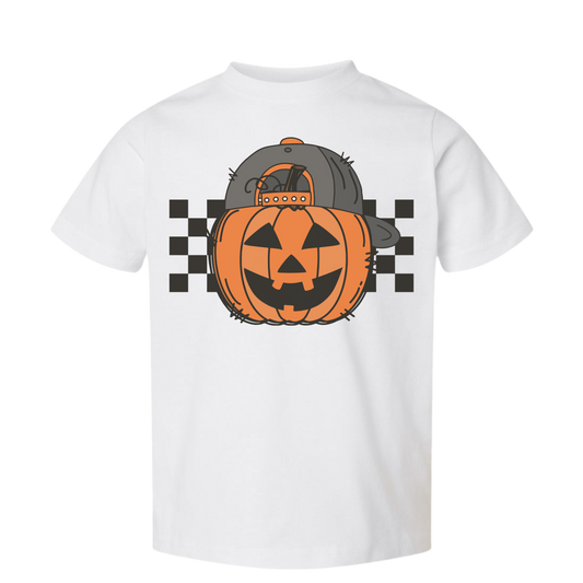 “Cool Pumpkin” Kids Graphic Tee – Jack-O’-Lantern in Baseball Cap Shirt