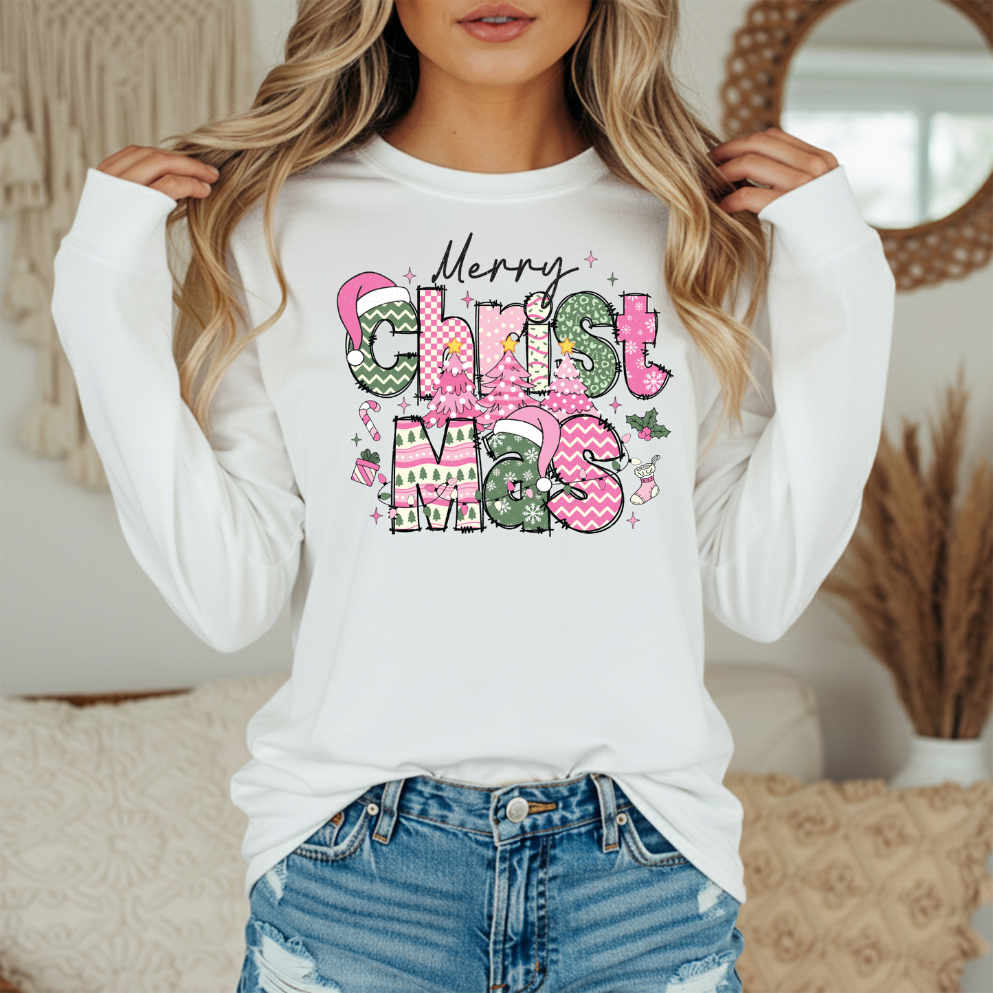 Merry Christmas Comfort Colors Long Sleeve Tee – Pink & Green Holiday Graphic Shirt