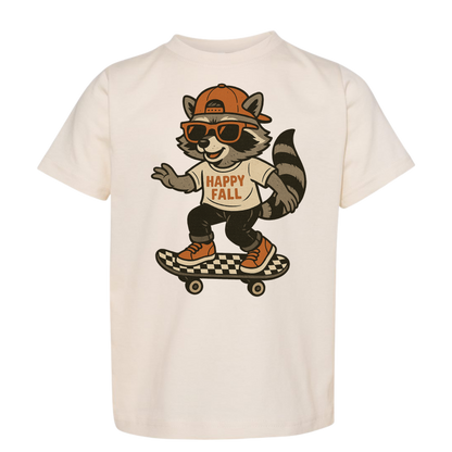 “Happy Fall Raccoon” Kids Graphic Tee – Cute Skateboard Autumn Shirt