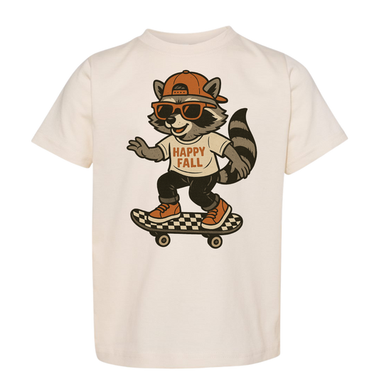 “Happy Fall Raccoon” Kids Graphic Tee – Cute Skateboard Autumn Shirt