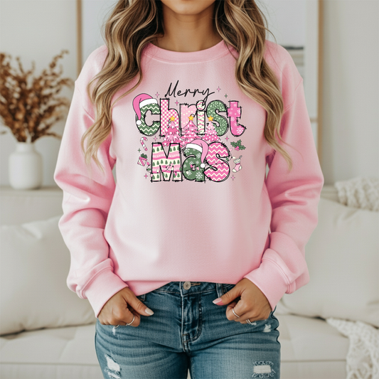 Merry Christmas Gildan Sweatshirt – Pink & Green Holiday Graphic Crewneck