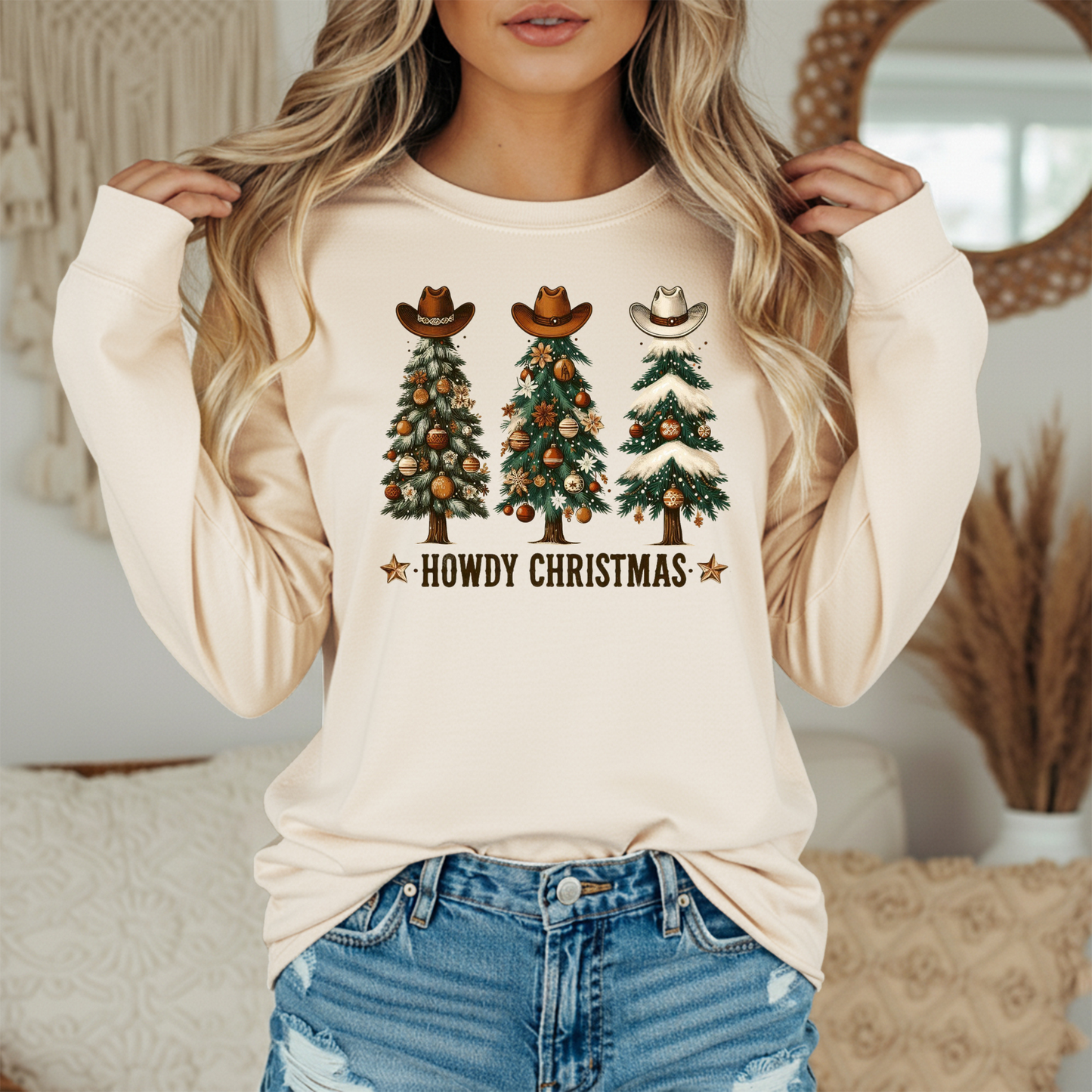 Howdy Christmas Shirt | Comfort Colors Long Sleeve | Western Cowboy Hat Tree Graphic Tee