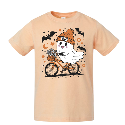 “Ghost on a Bike” Kids Halloween Tee – Cute Trick-or-Treat Shirt