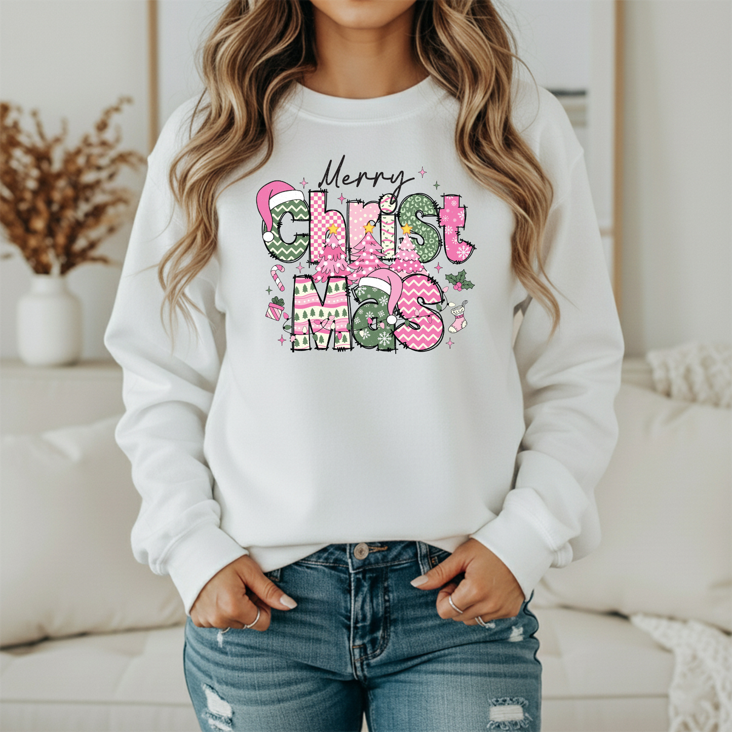 Merry Christmas Gildan Sweatshirt – Pink & Green Holiday Graphic Crewneck