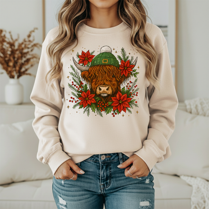 Christmas Highland Cow crewneck Sweatshirt – Festive Floral Holiday Sweatshirt