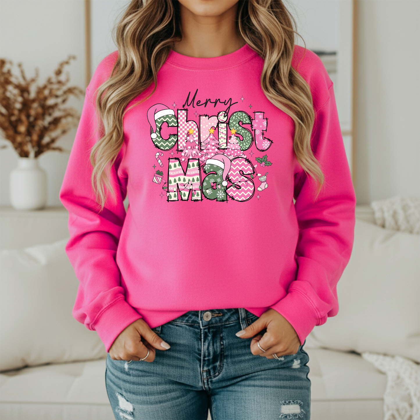 Merry Christmas Gildan Sweatshirt – Pink & Green Holiday Graphic Crewneck