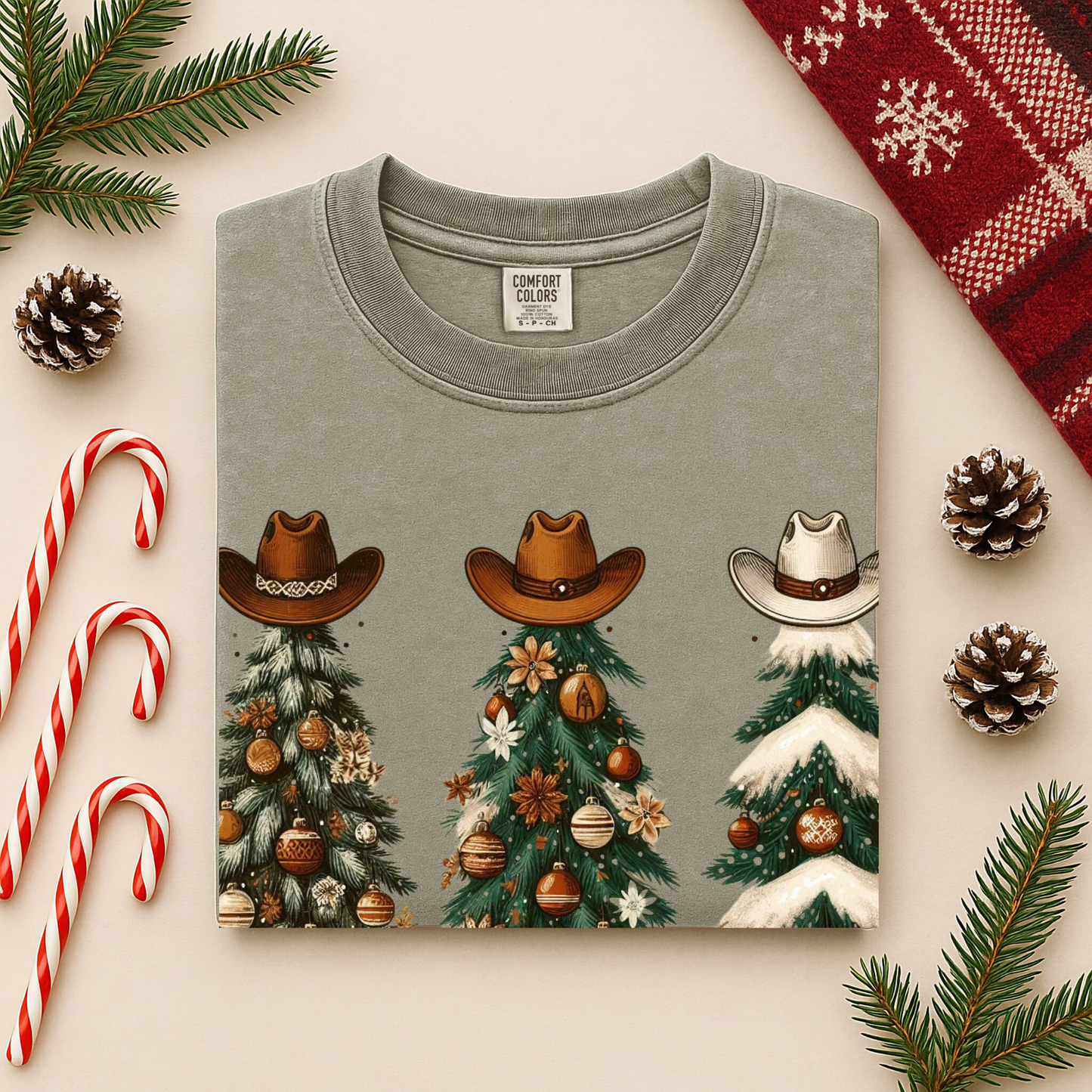 Howdy Christmas Shirt | Comfort Colors Long Sleeve | Western Cowboy Hat Tree Graphic Tee