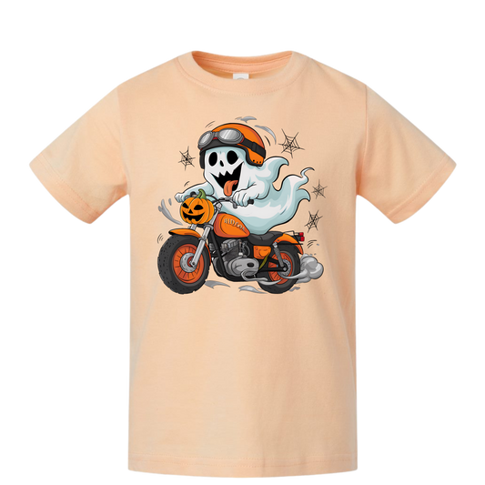 “Motorcycle Ghost Rider” Kids Halloween Tee – Spooky Biker Ghost Shirt