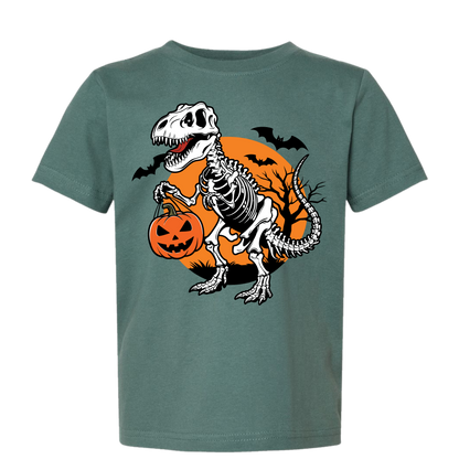 “Dino Skeleton” Kids Halloween Tee – T-Rex Trick-or-Treat Shirt