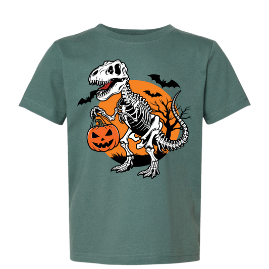 “Dino Skeleton” Kids Halloween Tee – T-Rex Trick-or-Treat Shirt
