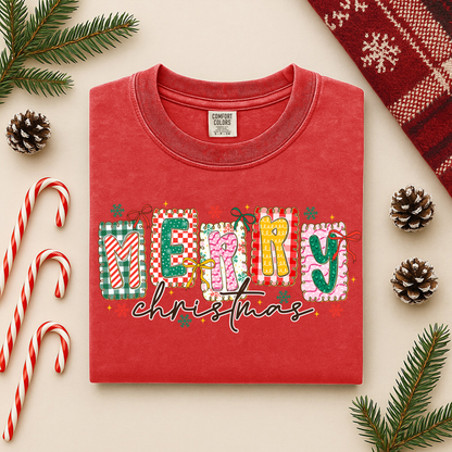 Merry Christmas Colorful Graphic Tee - Patterned Letters Holiday Shirt, whimsical patterned frames