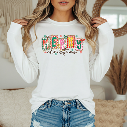 Merry Christmas Colorful Graphic Tee - Patterned Letters Holiday Shirt, whimsical patterned frames