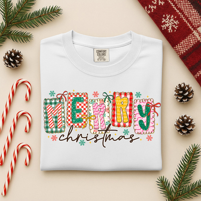 Merry Christmas Colorful Graphic Tee - Patterned Letters Holiday Shirt, whimsical patterned frames