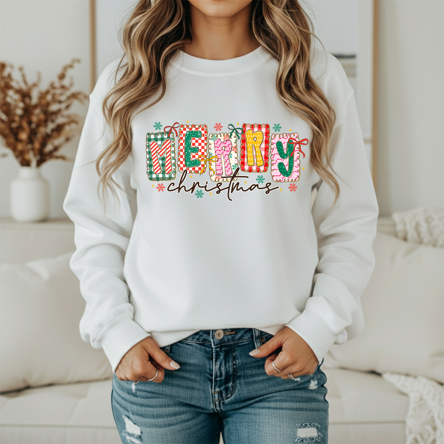 Merry Christmas Colorful Sweatshirt | Women's Colorful Holiday Crewneck | Festive Graphic Pullover
