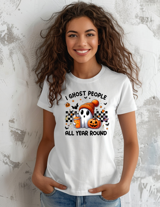 I Ghost People All Year Round - Funny Halloween Adult T-Shirt | White Comfort Colors Tee