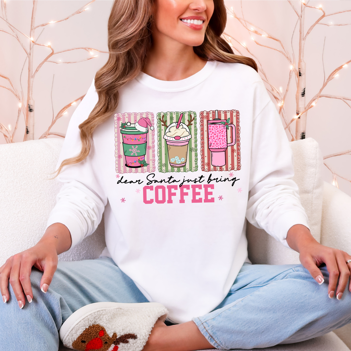 Dear Santa Just Bring Coffee Sweatshirt - Women's Crewneck - Funny Holiday Coffee Lover Gildan Sweatshirt