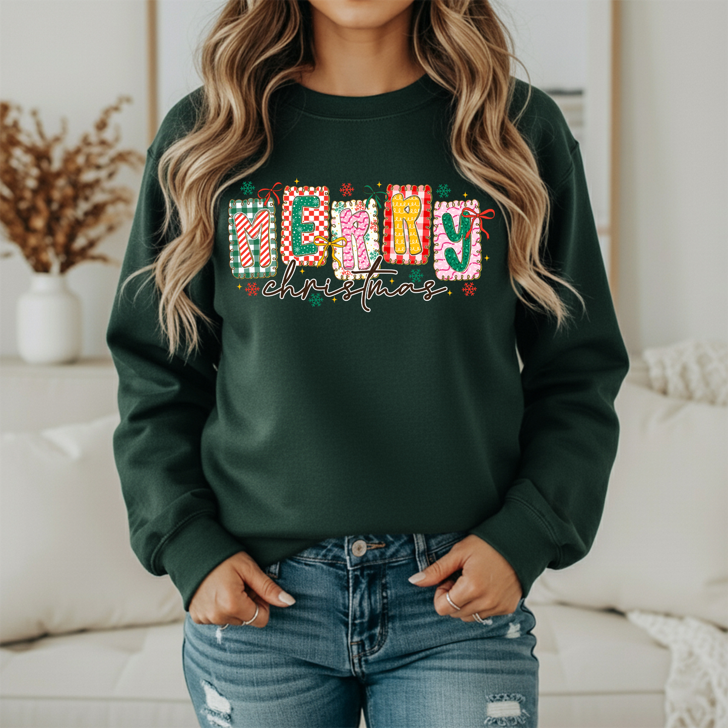 Merry Christmas Colorful Sweatshirt | Women's Colorful Holiday Crewneck | Festive Graphic Pullover