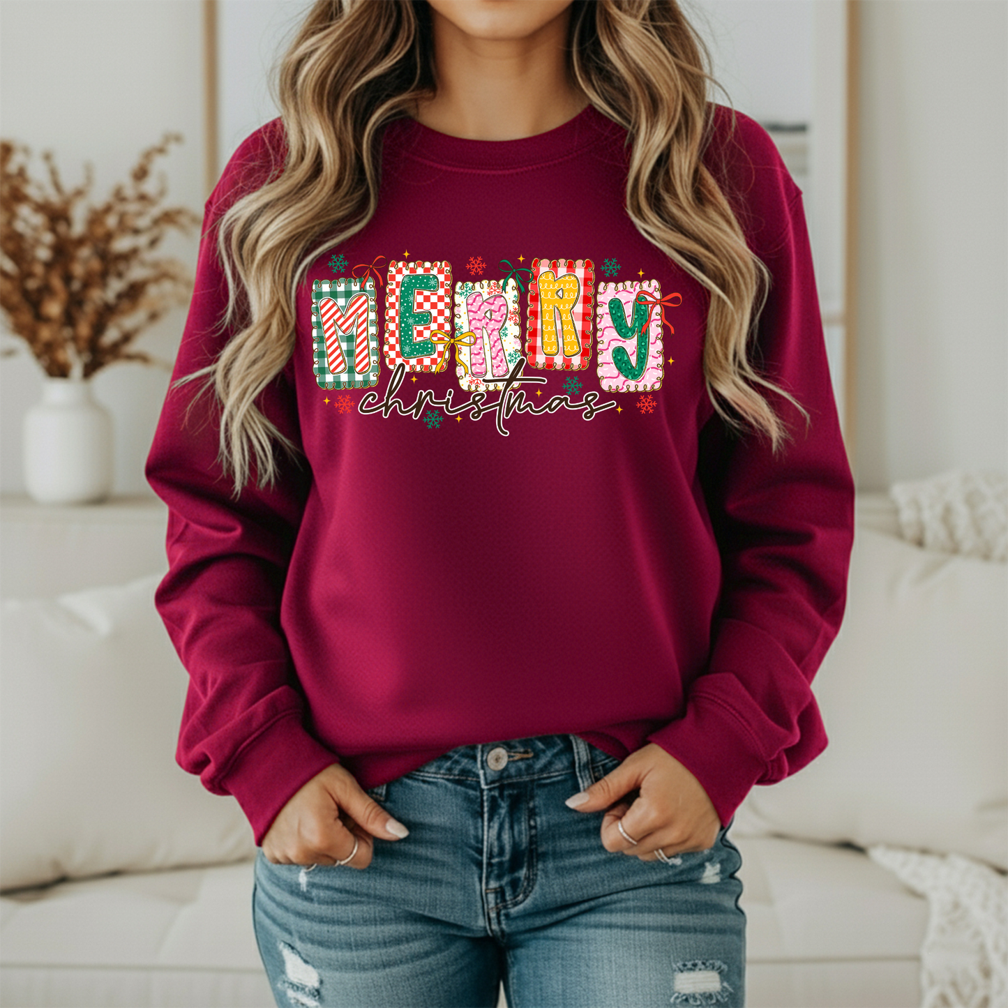 Merry Christmas Colorful Sweatshirt | Women's Colorful Holiday Crewneck | Festive Graphic Pullover