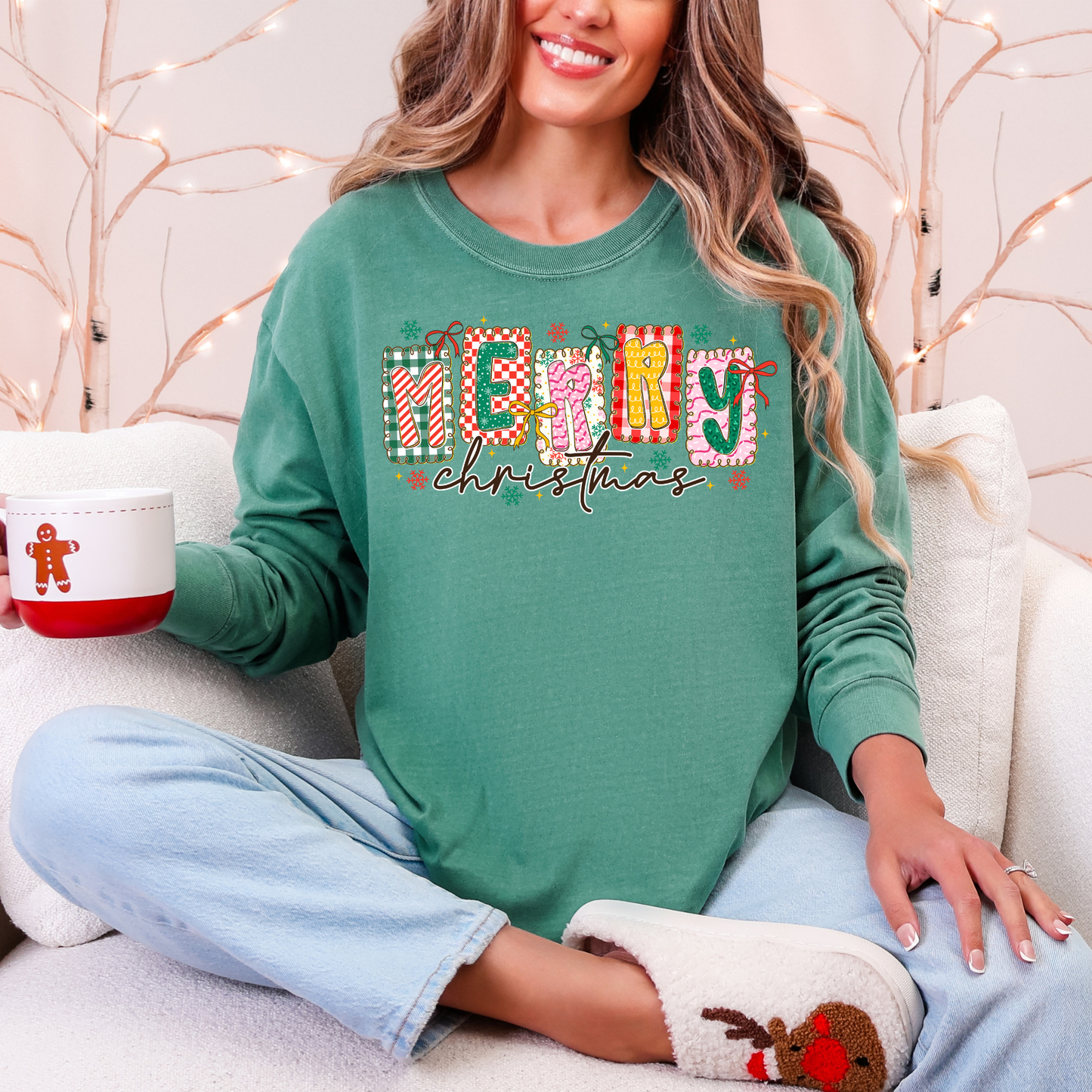 Merry Christmas Colorful Graphic Tee - Patterned Letters Holiday Shirt, whimsical patterned frames
