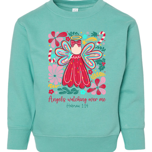 Angels Watching Over Me Toddler Sweatshirt – Hebrew 1:14 Rabbit Skins Kids Christmas Crewneck