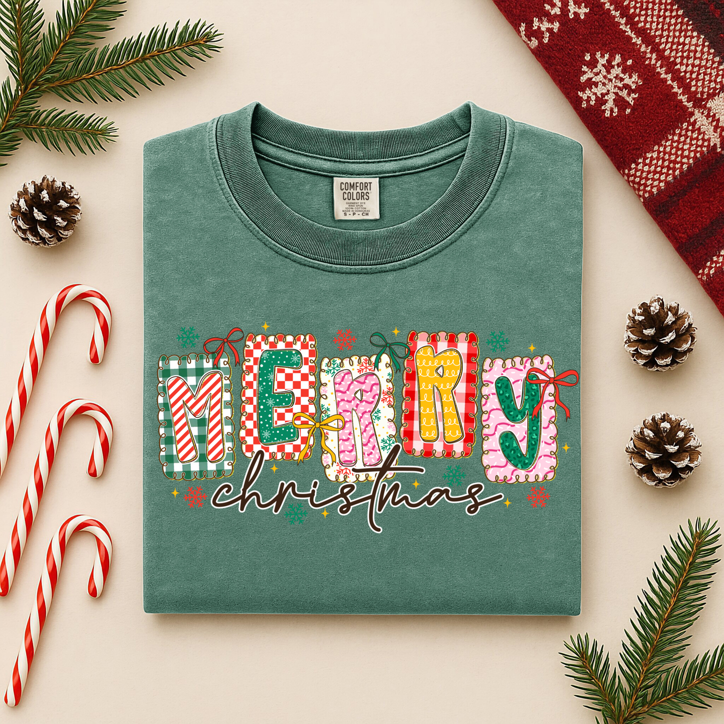 Merry Christmas Colorful Graphic Tee - Patterned Letters Holiday Shirt, whimsical patterned frames
