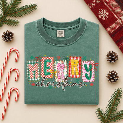 Merry Christmas Colorful Graphic Tee - Patterned Letters Holiday Shirt, whimsical patterned frames