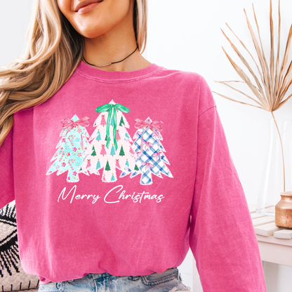 Merry Christmas Shirt | Comfort Colors Long Sleeve | Whimsical Holiday Tree Graphic Tee