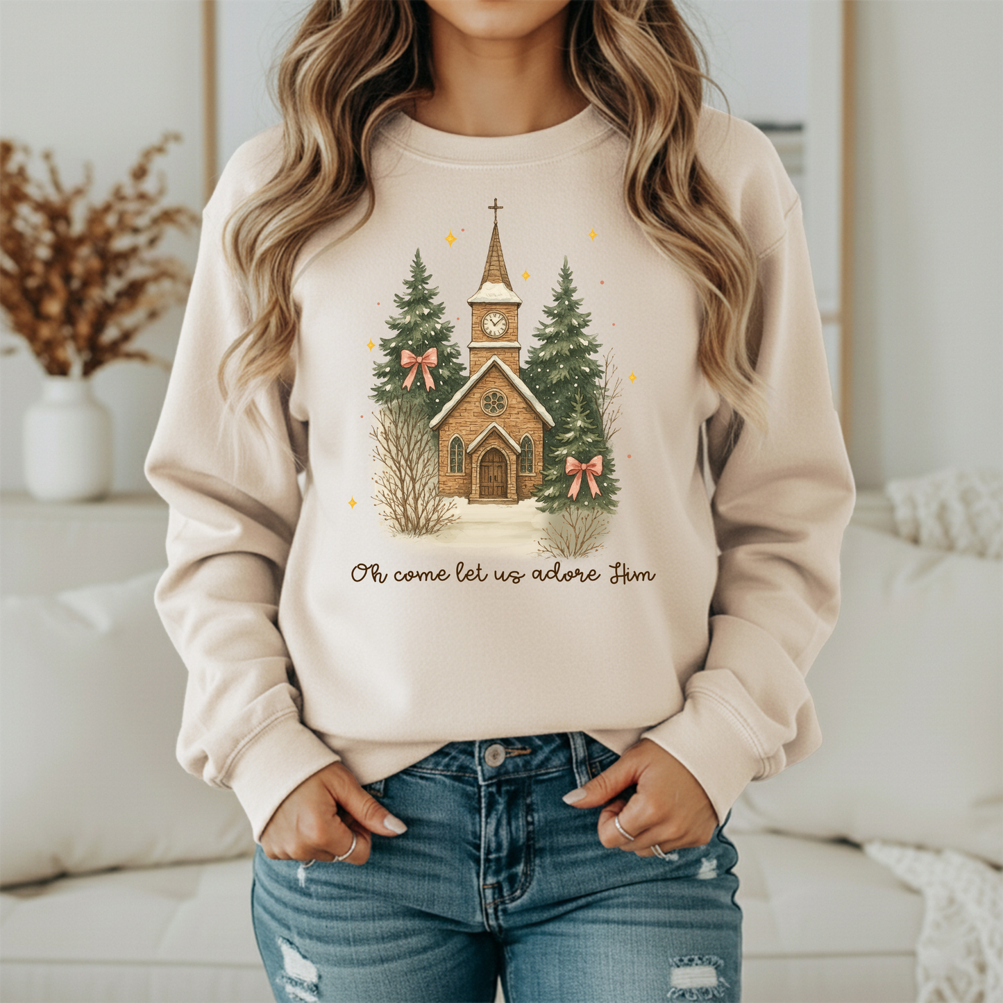 Oh Come Let Us Adore Him Christmas Church Sweatshirt - Religious Holiday Crewneck - Women's Faith Christmas Gildan Sweatshirt