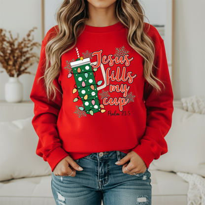 Jesus Fills My Cup Psalm 23:5 Sweatshirt - Christian Christmas Crewneck - Women's Faith Holiday Gildan Sweatshirt