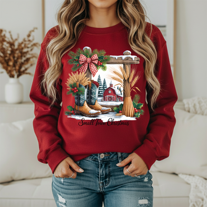 Small Town Christmas Sweatshirt | Women's Farmhouse Crewneck | Red Barn Cowboy Boots Country Graphic