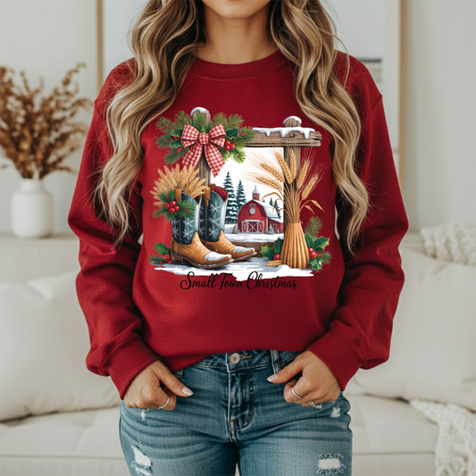 Small Town Christmas Sweatshirt | Women's Farmhouse Crewneck | Red Barn Cowboy Boots Country Graphic