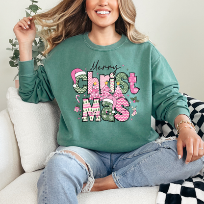 Merry Christmas Comfort Colors Long Sleeve Tee – Pink & Green Holiday Graphic Shirt