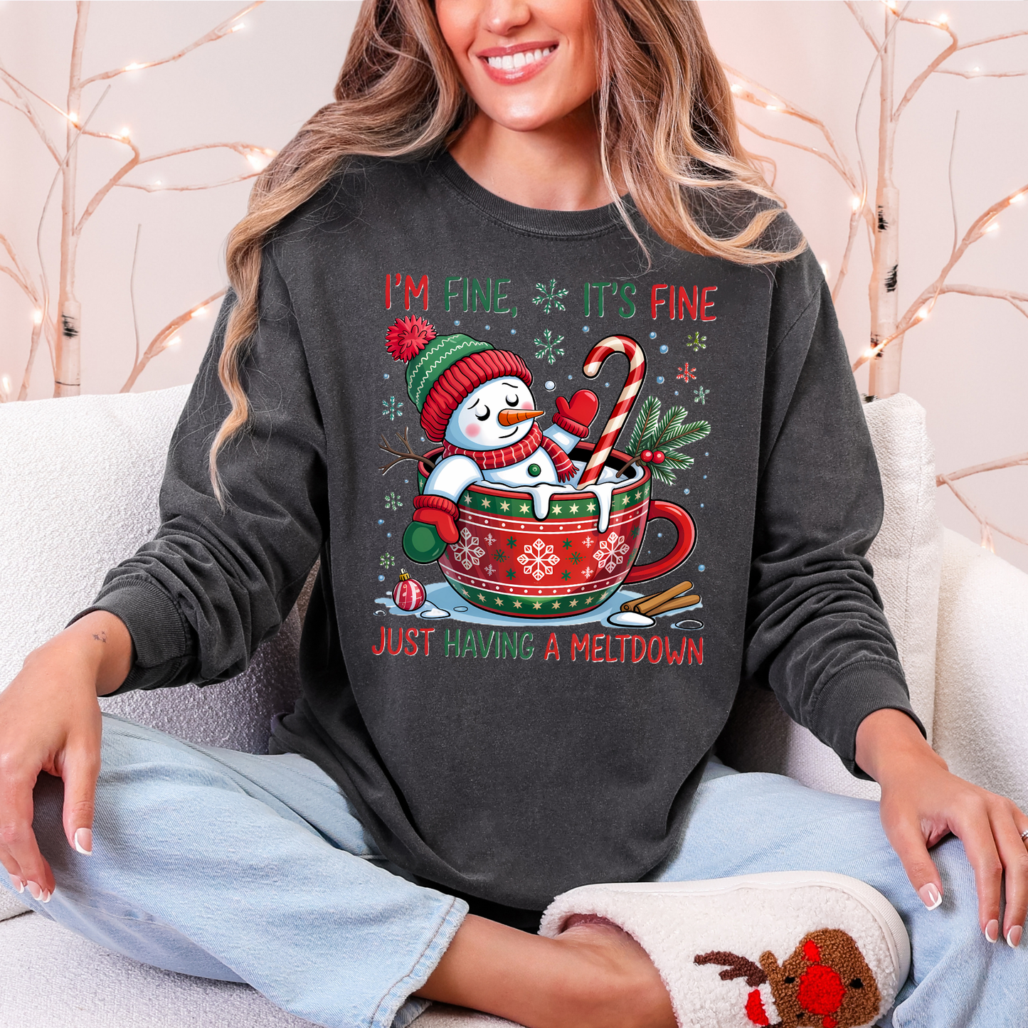 I'm Fine It's Fine Just Having A Meltdown Comfort Colors Long Sleeve – Funny Christmas Snowman Tee
