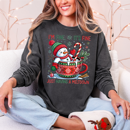 I'm Fine It's Fine Just Having A Meltdown Comfort Colors Long Sleeve – Funny Christmas Snowman Tee