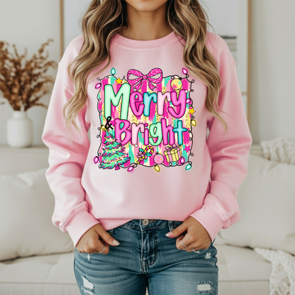 Merry and Bright Christmas Sweatshirt | Pink Teal Holiday Crewneck | Women's Festive Christmas Sweatshirt