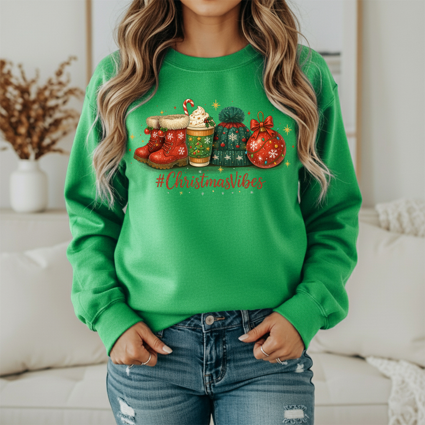 Christmas Vibes Sweatshirt - Cozy Holiday Winter Scene Crewneck - Women's Christmas Gildan Sweatshirt