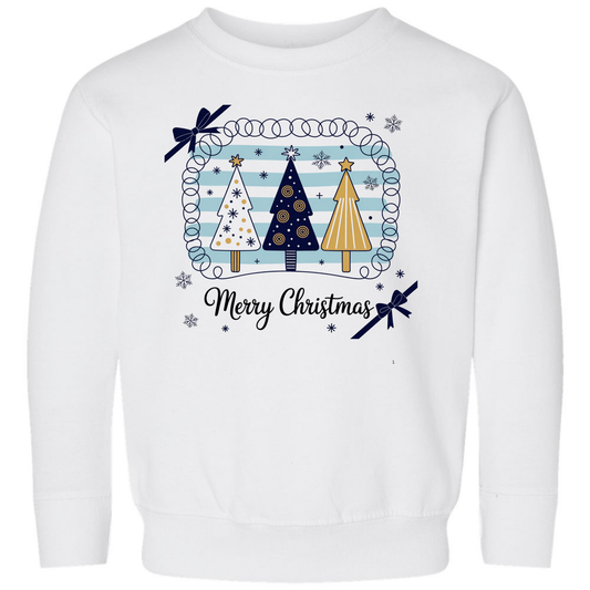 Merry Christmas Trees Toddler Sweatshirt – Navy & Gold Holiday Rabbit Skins Kids Crewneck