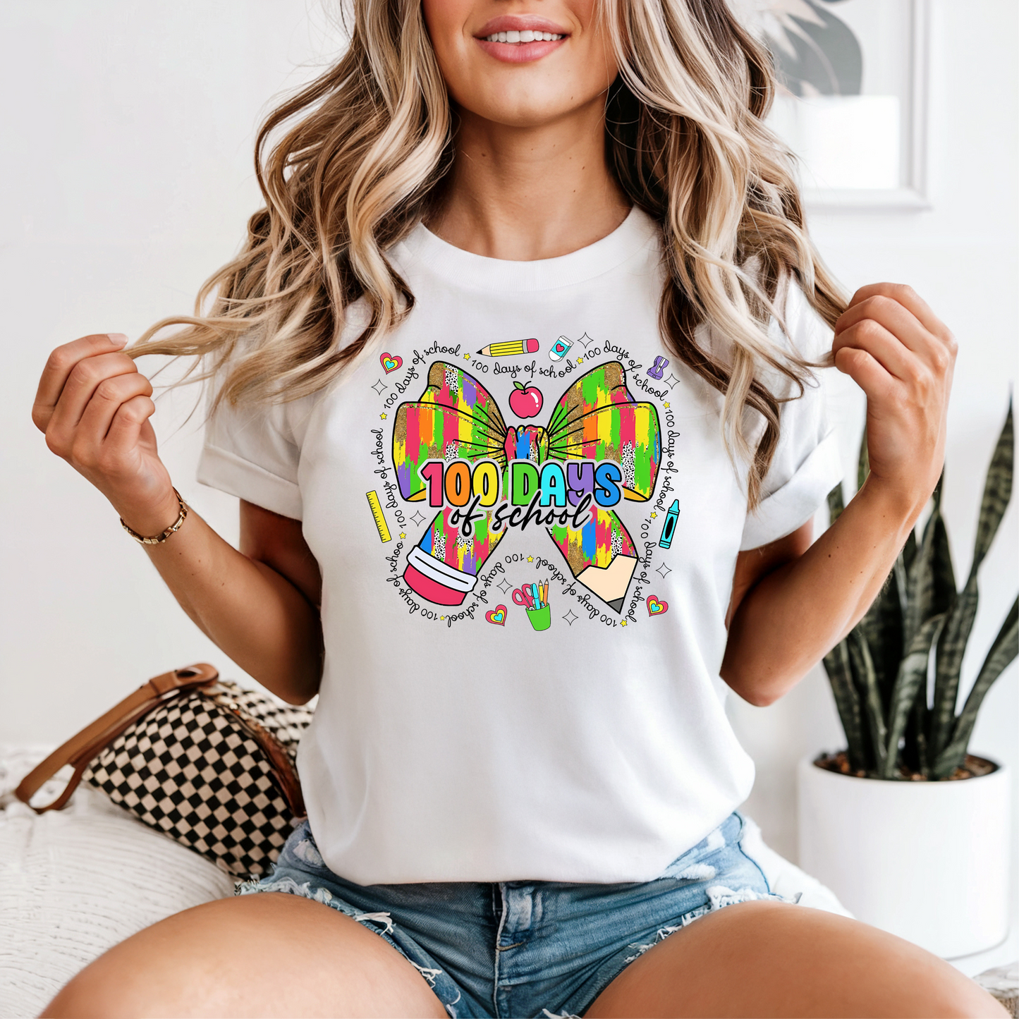 100 Days of School Colorful Bow Graphic Tee